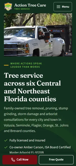 Action Tree Care homepage on a phone
